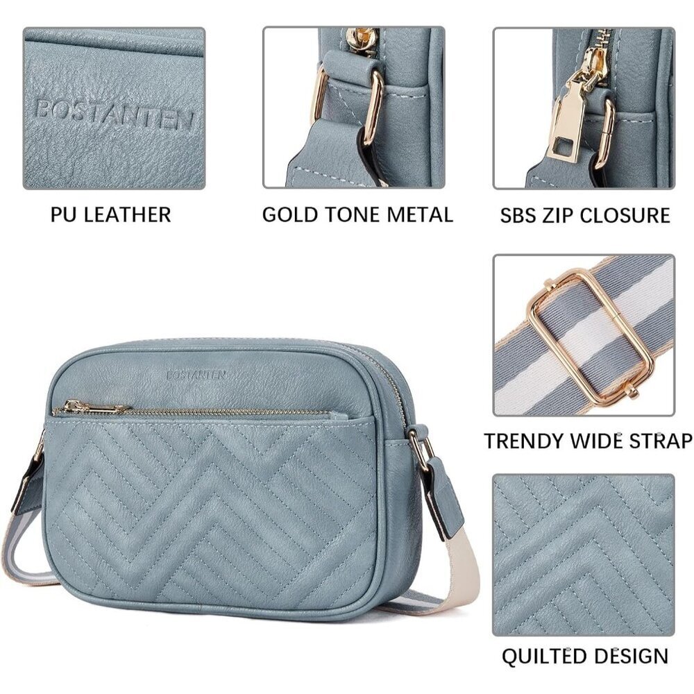 Quilted Vegan Leather Crossbody O-Blue Bag Women Wide Strap and Shoulder Use - Picture 4 of 6